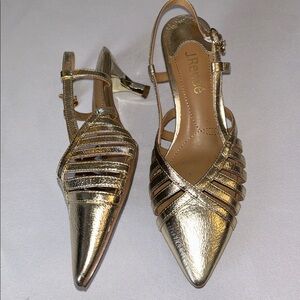 J.Renee Gold Leather Strappy Kitten Heels Slingback 7M EUC